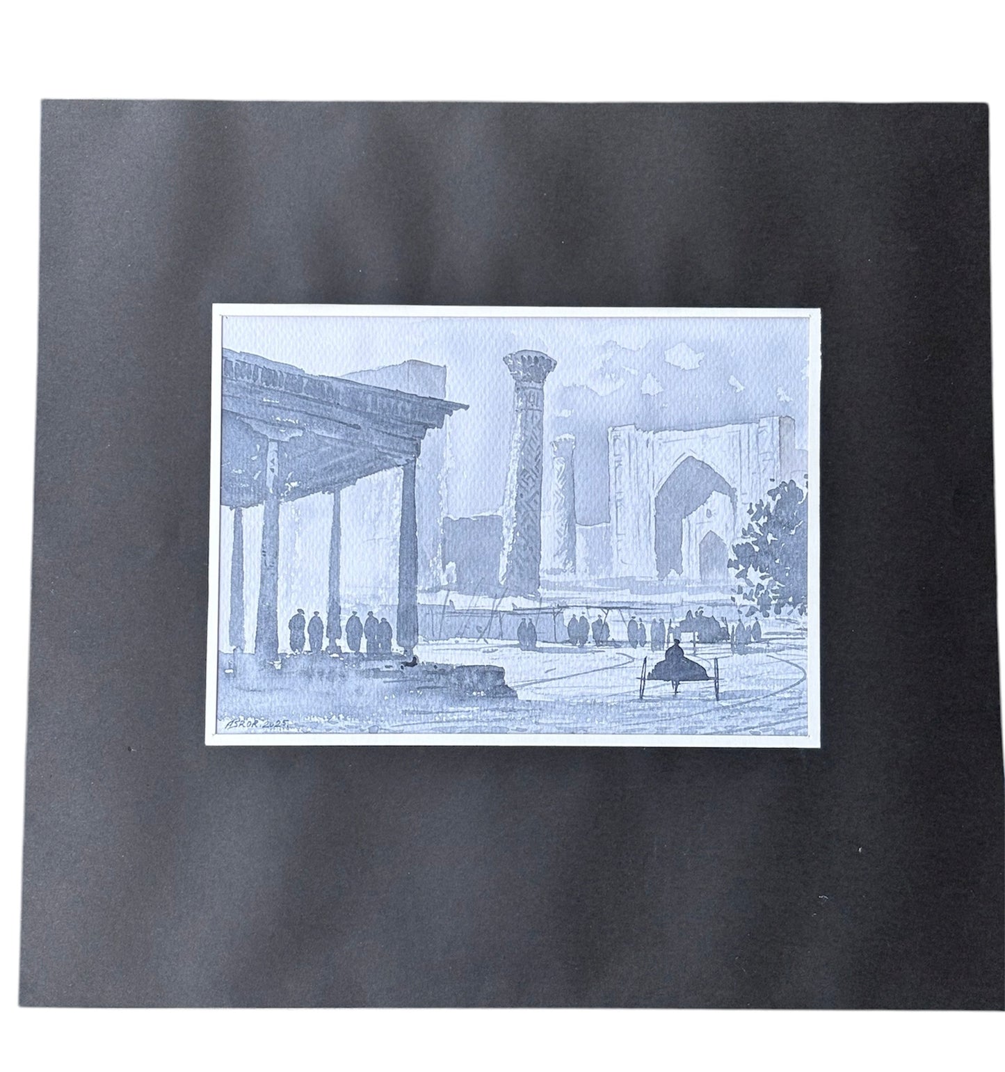 Monochrome Watercolor Fine Art Painting - Central Asian Landmarks Art - Signed - The Paragon Arts