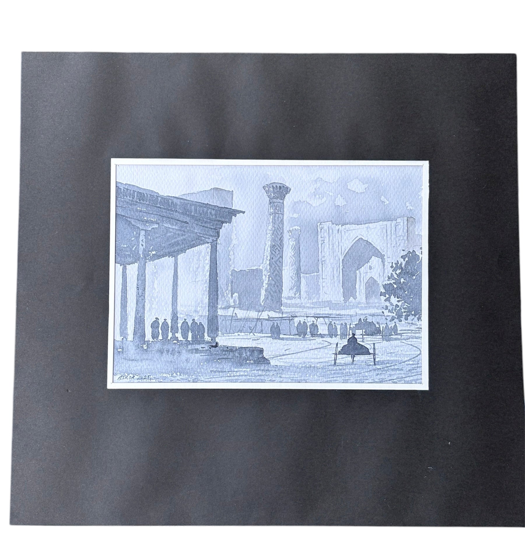 Monochrome Watercolor Fine Art Painting - Central Asian Landmarks Art - Signed - The Paragon Arts