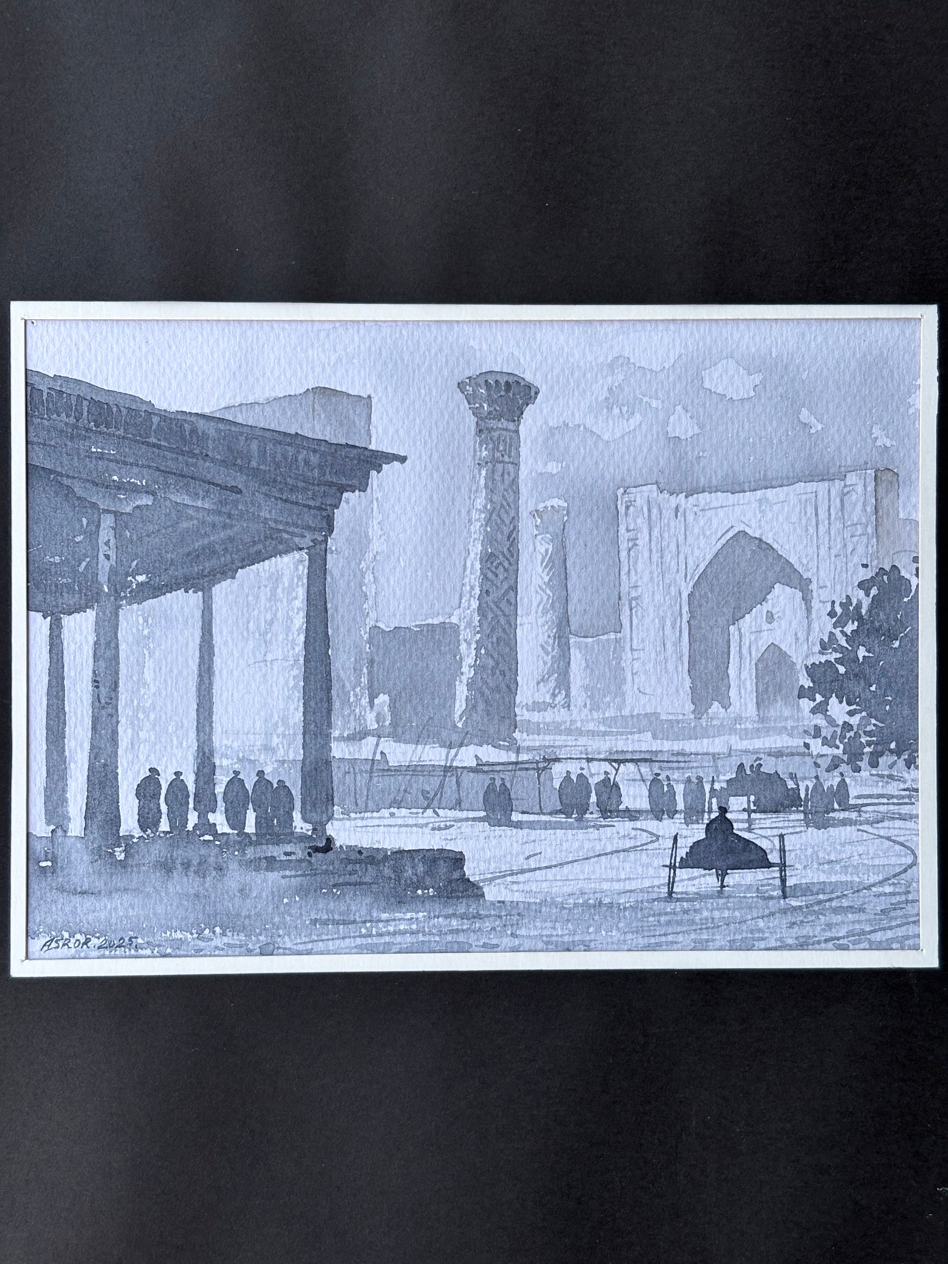 Monochrome Watercolor Fine Art Painting - Central Asian Landmarks Art - Signed - The Paragon Arts