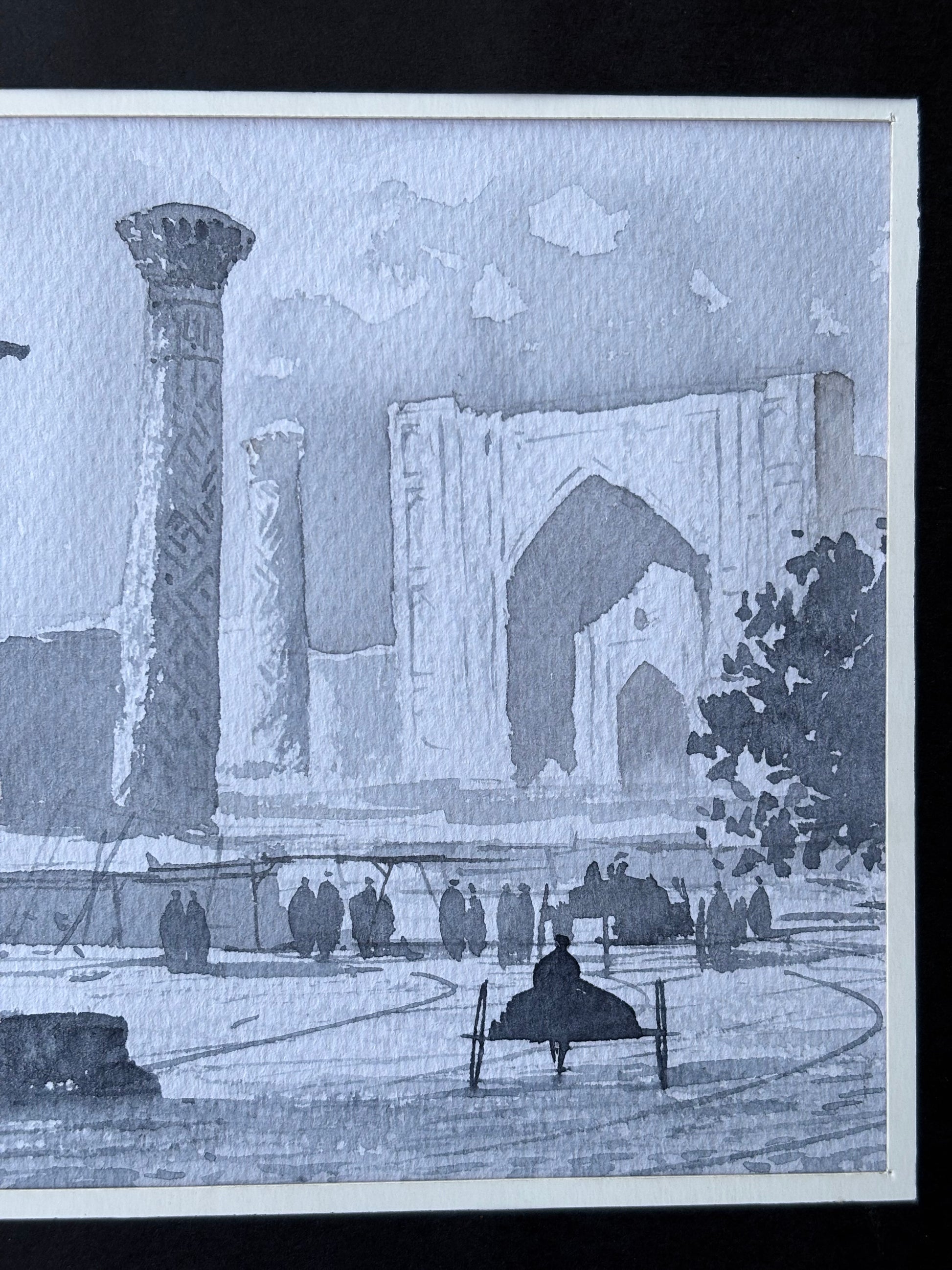 Monochrome Watercolor Fine Art Painting - Central Asian Landmarks Art - Signed - The Paragon Arts