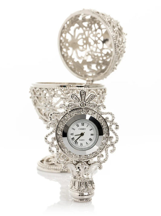 Silver Plated Ornate Objet d'Art Sculpture - Egg with Clock - The Paragon Arts