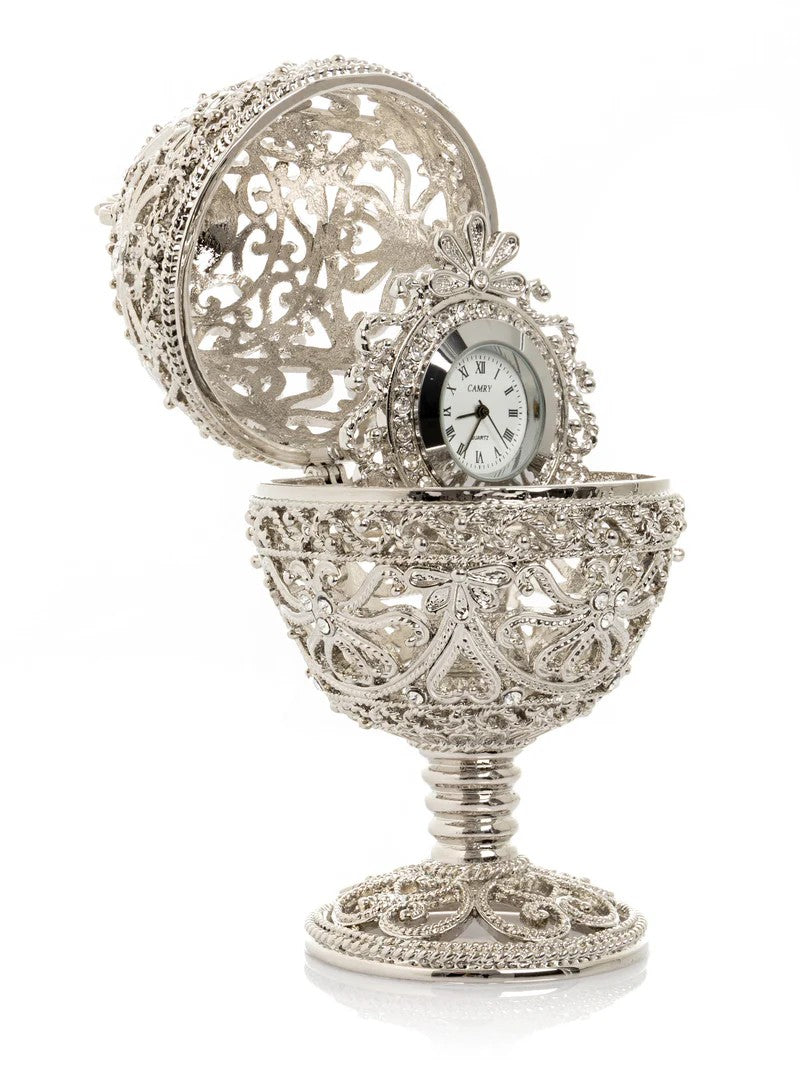 Silver Plated Ornate Objet d'Art Sculpture - Egg with Clock - The Paragon Arts