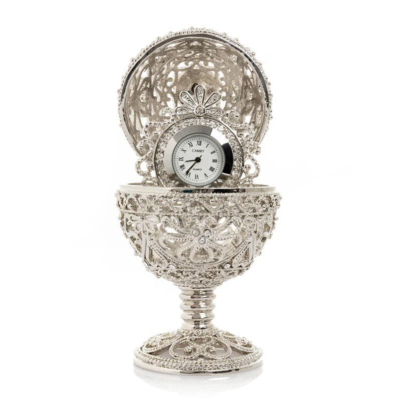 Silver Plated Ornate Objet d'Art Sculpture - Egg with Clock - The Paragon Arts